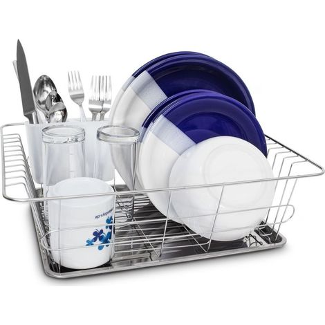 Relaxdays Égouttoir à vaisselle et support pour couverts et bac HxlxP : 40,5 x 30,5 x 13 cm assiettes inox acier inoxydable, gris argenté (1/5)