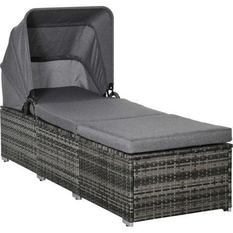Tumbona de jardín de poliratán gris con toldo ajustable y cojín 195 x 65 x 40 cm (1/5)