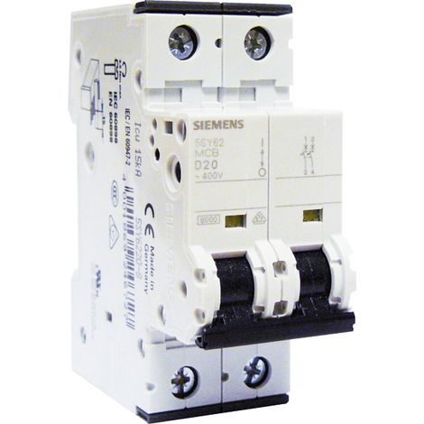 Siemens – Disjoncteur bipolaire 20 A courbe D – Protection pour climatisation, pompe à chaleur, pompe de relevage – 10 kA, IP20, AC/DC (1/2)
