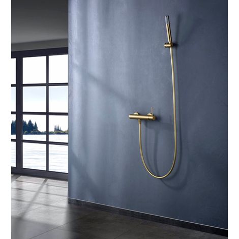 Conjunto de grifo monomando con ducha de mano fabricados en latón con acabado oro cepillado Monza de Imex