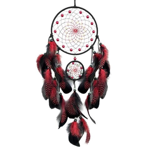 Attrape-rêves à pompons de plumes avec perles phosphorescentes, carillon éolien pour décoration murale de chambre ou de salon, rouge (rouge) (1/5)