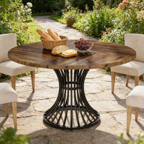 Table à manger ronde 119 cm en MDF et métal, piètement noir, coloris bois brun (1/5)