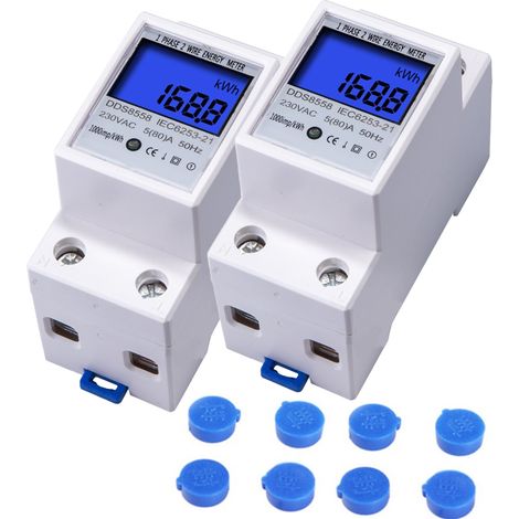 [2 pièces] Compteur électrique 5-80 A 230 V 50 Hz, compteur électrique numérique avec affichage LCD, sectionneur monophasé bipolaire 2P, montage sur rail DIN-AquaForge (1/5)