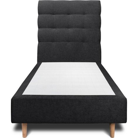 Lit 90x190cm avec tête de lit capitonnée tissu et sommier tapissier Noir - Hauteur totale : 35cm (1/4)