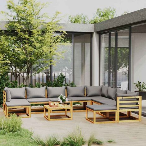 Salon de jardin 11 pcs Ensemble Table et Chaise de Jardin - avec coussin Bois d'acacia solide BV511113 - BonneVie (1/5)