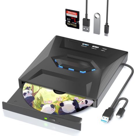 Externes Alxum CD/DVD-Laufwerk für Laptops, USB 3.0 Typ-C, externes USB-CD-Laufwerk mit SD/TF-Kartenleser und USB-Anschluss, externes DVD-Laufwerk für Laptops, Desktop-Computer und MacBooks (1/5)