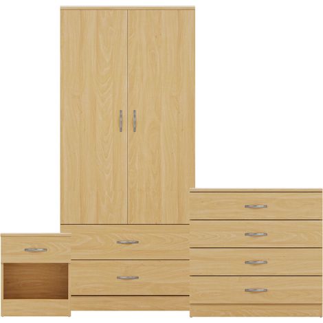Riano 3 Piece Bedroom Set (1 Drw Bedside Chest, 4 Drw Chest, 2 Door 2 Drw Wardrobe), Pine (1/3)