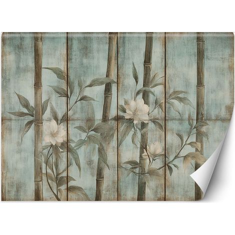 Papier peint pousses de bambou avec fleurs sur fond texturé 200x140 (1/5)