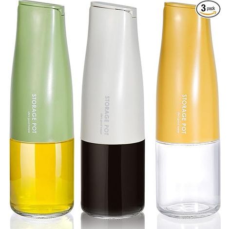 Lot de 3 flacons distributeurs d'huile d'olive en verre, 500 ml (17 oz), pour huile et vinaigre de cuisine, avec bec verseur facile, anti-goutte, couvercle à ouverture automatique, 3 couleurs (1/5)