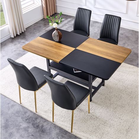Esstisch Set mit 4 Stühlen (160x90x76 cm), mit Ablagefach, schwarze PU Leder Sitzflächen, MDF, Metall, Schwarz Gold (1/5)
