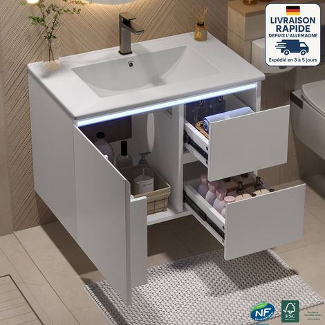 Mobiletto Bagno 76x46x50 cm Lavabo monovasca con 2 cassetti 1 anta, LED, ceramica + MDF, bianco (1/5)