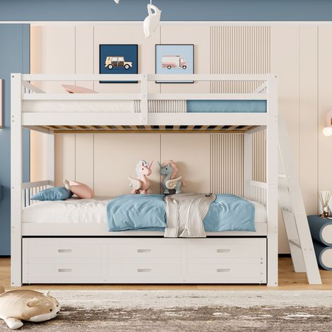 Lit superposé 90x200 avec lit gigogne 90x182 - pin massif et mdf - 3 tiroirs - barrières - charge 12080kg - blanc (1/5)
