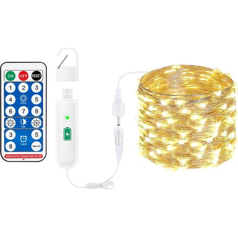 Guirlande lumineuse rechargeable par batterie, 10 m, 100 LED avec télécommande, 8 modes, minuteur, interface de charge USB, guirlande lumineuse pour intérieur et extérieur, décoration de Noël