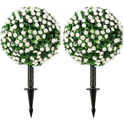 Lot de 2 boules de roses artificielles résistantes aux UV pour extérieur, hauteur 55 cm, blanc (1/5)