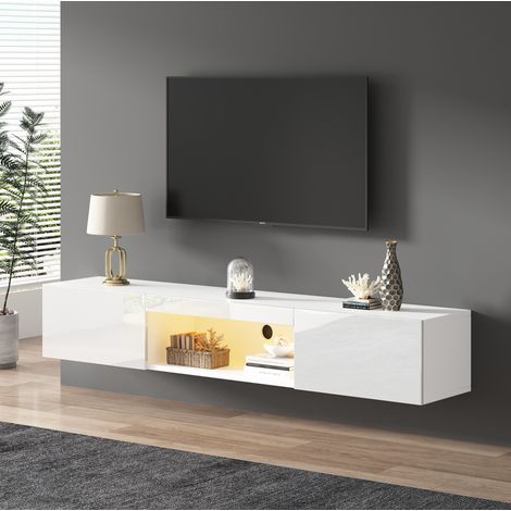 TV-Hängeschrank 160x31x22 cm Weiß Hochglanz Spanplatte mit LED-Beleuchtung und Kabelmanagement (1/5)