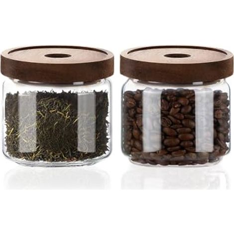 Tarros de cristal con tapas de madera herméticas, Mini tarros de cocina de 500 ml, té a granel, sal, matcha, frutos secos, salsas, juego de 2 (1/4)