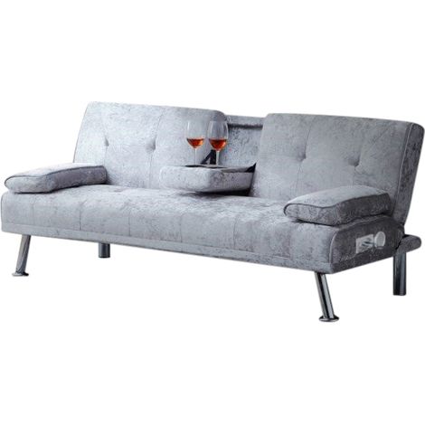 Crushed Velvet Sofa Bed with Drink Cup Holder and Bluetooth in Silver