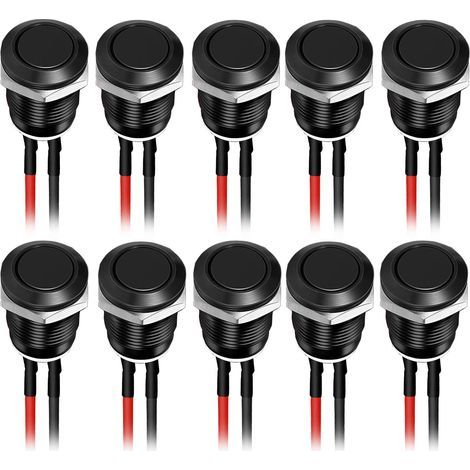 10 pièces 12mm 12V 2A Momentané Bouton-Poussoir Étanche en Acier Inoxydable On/Off, bouton rond, pour voiture, PC, lampe de table (Tête Plate) noir (1/5)