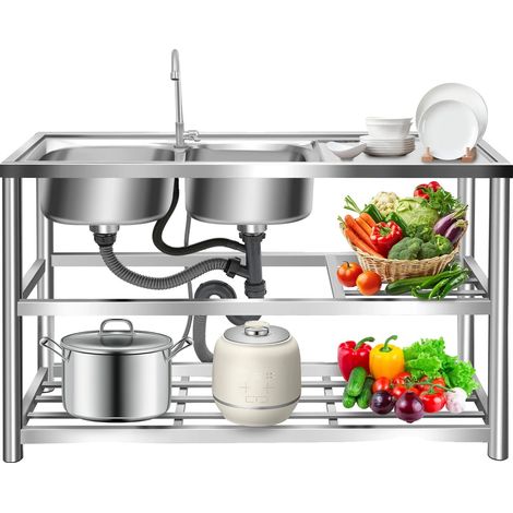 Ensemble d'évier de cuisine, double cuve, design autoportant, Argent (1/2)
