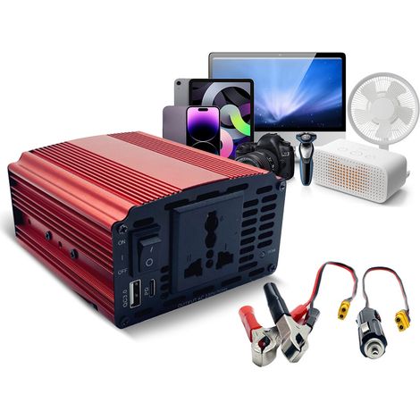 Convertisseur de puissance 300 W, adaptateur allume-cigare 12 V vers 220 V CA avec pince crocodile et chargeur USB + Type-C pour téléphone, ordinateur portable et ordinateur. (1/5)