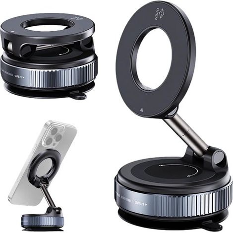 Support de téléphone magnétique pour voiture avec ventouse, aimant N52 puissant, rotation à 360° et pliable, pour tableau de bord et vitre, noir (1/5)