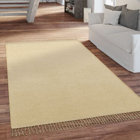 Paco Home Tapis De Salon Tissage Plat À Franges Fait Main Motif Monochrome 60x100 cm, Crème