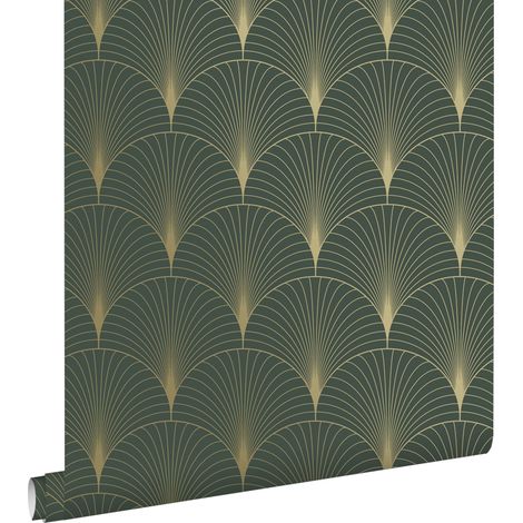 Papier peint art déco vert foncé et or – 53 cm x 10,05 m – Intissé écologique – Pose facile sans table à tapisser – Estahome (1/5)