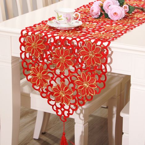 Roter Tischläufer 40 x 176 cm, waschbare Tischdecke für Teetische, Dekoration Vi