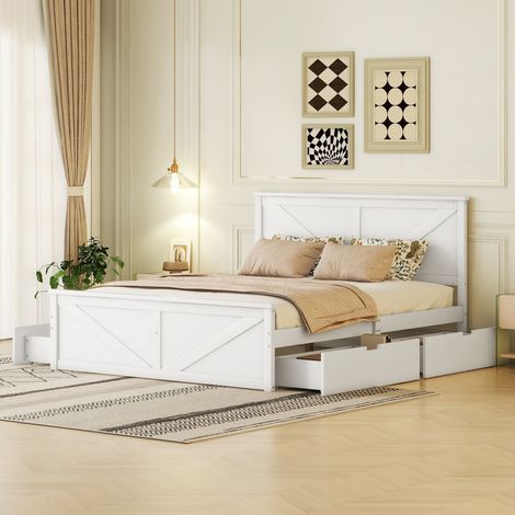 Modernluxe – Lit adulte 160x200cm avec 4 tiroirs – en bois massif – construction robuste – pour matelas 160x200cm – couleur blanche (1/5)