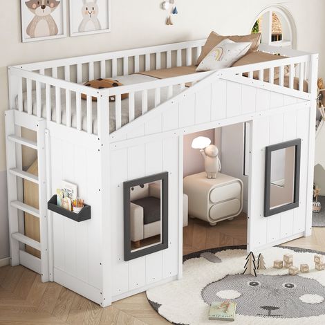 Lit mezzanine 90x200 cm, Lit enfant avec escalier et barrières de sécurité, espace de jeu et étagère de rangement, bois de pin et MDF, Blanc (1/5)