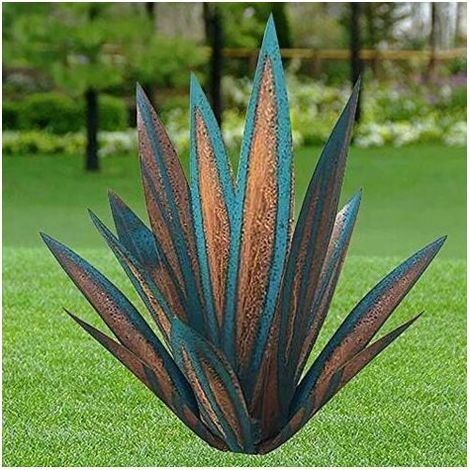 VURAHOME - Sculpture de jardin en métal Agave 65 cm – 9 feuilles colorées – Décoration extérieure – Design sans base pour effet naturel