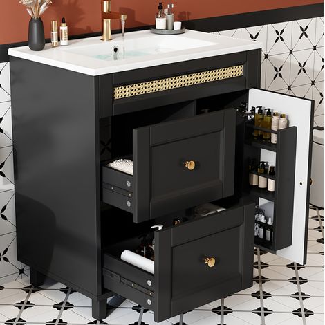 Badezimmerwaschtisch MDF und Keramik schwarz, freistehend, 76x46x86,5 cm, mit 2 Schubladen und 2 Türen (1/5)