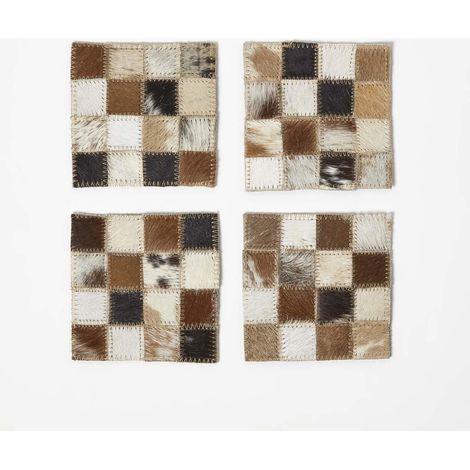 HOMESCAPES Block Check Brown Leather Coasters Set of 4 (1/4)