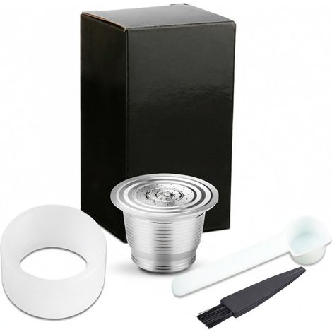 Compatible con cápsulas de café Nespresso de acero inoxidable. Filtro de café reutilizable y recargable con cepillo de limpieza, cuchara y anillo de presión. (1/5)