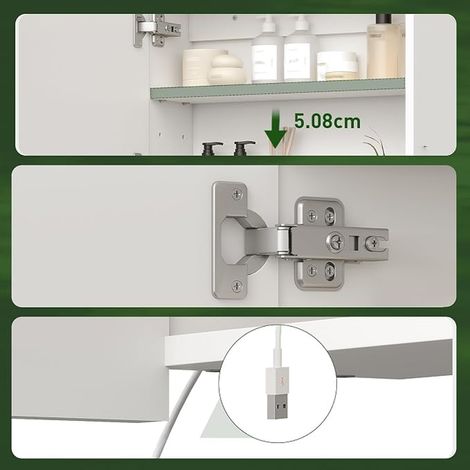 Bathroom Cabinet with Mirror and Lighting, 3 Colour Temperatures, Wall Cabinet, Storage Cabinet for Small Spaces, 45 x 60 cm, with Adjustable Shelves, USB Port, White (1/2)