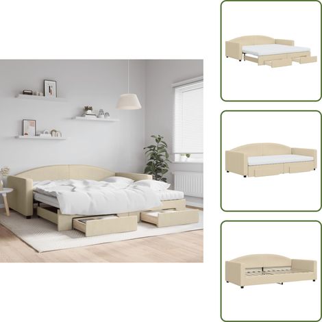 The Living Store Lit de jour avec gigogne et tiroirs crème 100x200 cm tissu - Canapé Convertible - Lit Gigogne - Meuble Multifonctionnel - Lit Invité - Rangements Intégrés