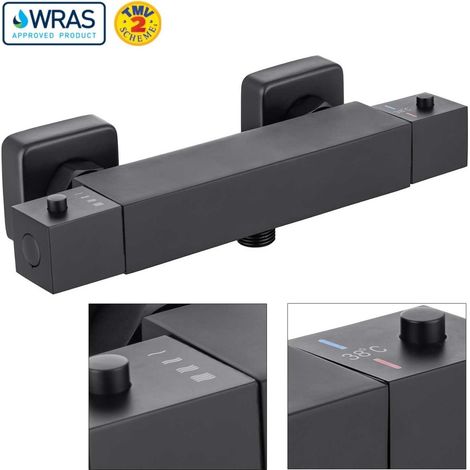 Matt Black Thermostatic Bath Bar Mixer Shower Valve Square Bottom Outlet 150mm