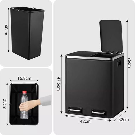 LIFERUN Mülleimer Küche 2 Fächer, 2 x 15 Liter Abfalleimer aus Metall, Softclose Deckel, Inneneimer Abnehmbar, Griffe, Doppelfach Treteimer, Schwarz für Single-Wohnung, kleine Familie