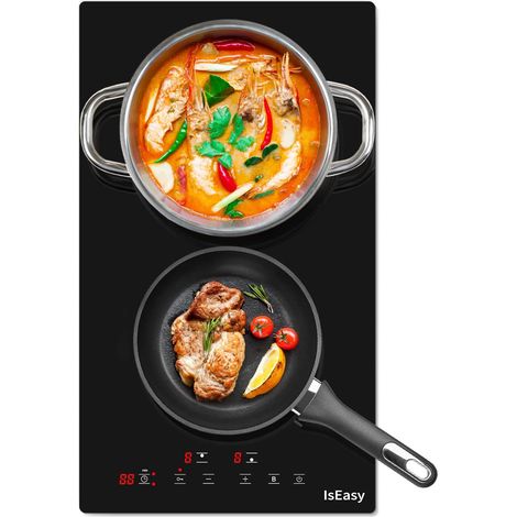 Iseasy – Plaque induction 2 foyers 3400W – Minuterie – 9 niveaux de puissance – Verrou enfants – Surface en verre satiné facile à nettoyer (1/5)