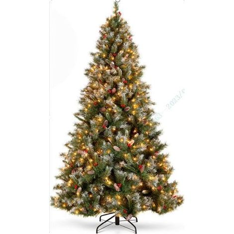 COSTWAY Sapin de Noël 150cm, 450 Branches Articulées avec 200 LED Blanc Chaud, 8 Éclairage, Baies Rouges & Pommes de Pin, Arbre de Noël pour Fêtes, Bureau, Maison(150 cm) (1/5)