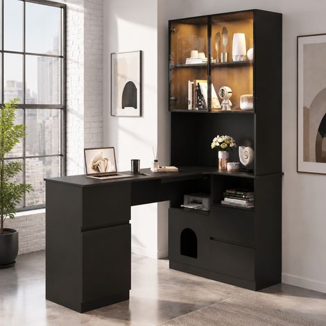 Eckschreibtisch 120 x 80 x 180 cm mit Regal und LED-Vitrine HAVRYA (1/5)