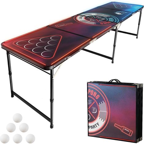 Table de Beer Pong 240 cm Table de Jeu à Boire avec Éclairage LED, Pour Bière-pong Fête Partie Camping Pique-nique Avant-matchs Jardin, Pliante, Hauteur Réglable, Avec Poignées et 6 Balles (1/5)