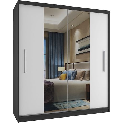 BELINI Grande Armoire 2 Portes Coulissantes VERONA ME 133 cm - Miroir Intégré & Tringle - Chambre Adulte - Noir / Blanc Mat (1/5)