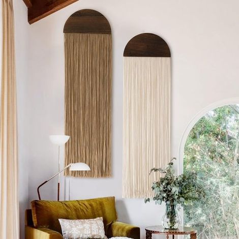 Décorations murales en macramé – Lot de 2 – 30 x 90 cm – Suspension bohème faite main en coton avec bâton en bois – Pour salon et chambre (1/5)
