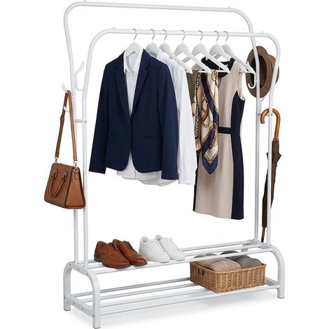 Relaxdays Kleiderständer, HxBxT: 146 x 110 x 33 cm, 2 Ablagen & 2 Kleiderstangen, 8 Haken, Doppelgarderobe, weiß
