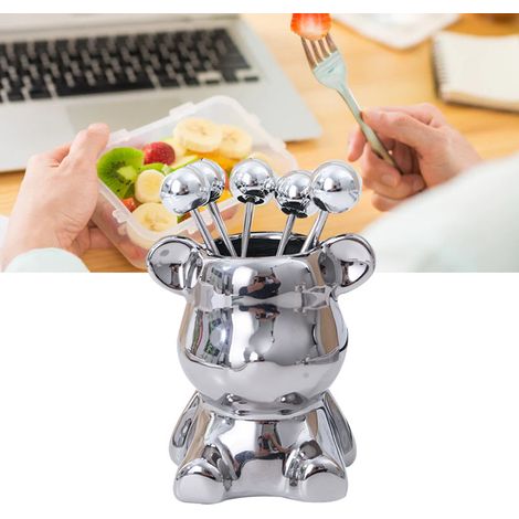 Ensemble de couverts à fruits de luxe en acier inoxydable, comprenant une fourchette à fruits, un joli pot de rangement original, des bâtonnets à fruits, un socle en forme d'ours et 6 fourchettes à fr (1/5)