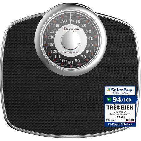 A25 Pèse-Personne Analogique - Jusqu'à 180 kg - Cadran 5 Pouces  Plateforme Adaptée aux Grands Pieds, Surface Antidérapante en Caoutchouc Strié, sans Piles, Cadran Contrasté - Noir (1/5)