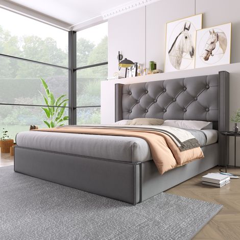 Lit coffre 160x200 cm coton gris avec rangement, gain de place pour chambre, sans matelas – MEUBLIV (1/5)