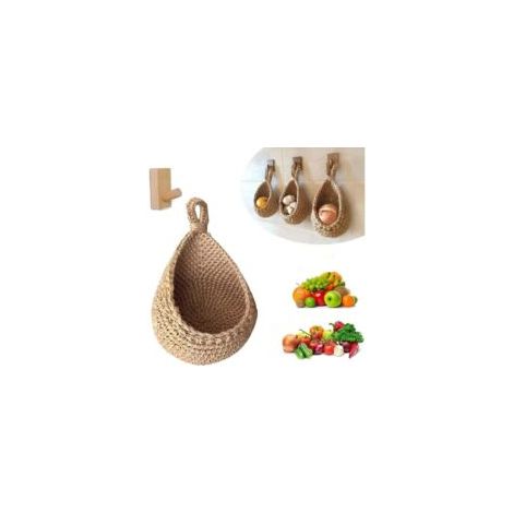 Wandmontierte Obst- und Gemüsekörbe, handgeflochtener, tropfenförmiger Jute-Obst- oder Gemüsekorb, hängender Aufbewahrungskorb für die Küche (Höhe 23 cm, Breite 22 cm) - Crezuo (1/4)