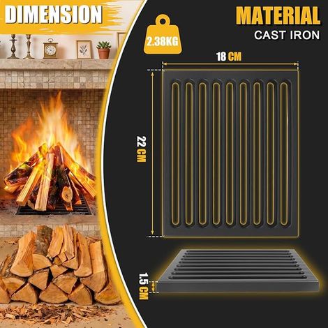 Grille de cheminée en fonte 18 x 22 cm - Grille en fonte massive - Avec nervures de rechange - Grille à cendres pour de nombreux fours de cheminée - Résistante à la chaleur - 1 pièce (1/2)